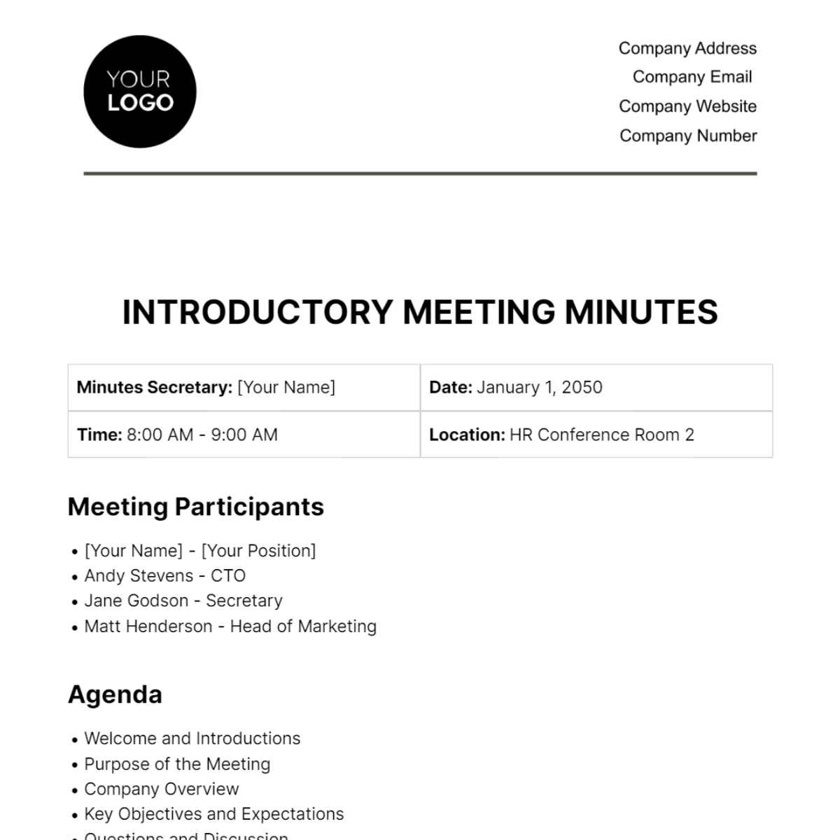 Free Introductory Meeting Minute HR Template