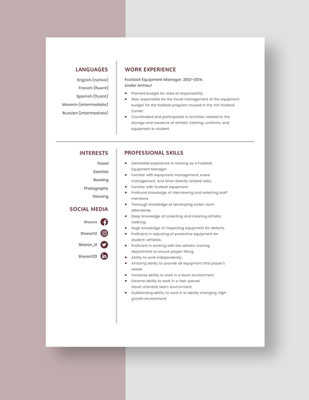Football Equipment Manager Resume  Template