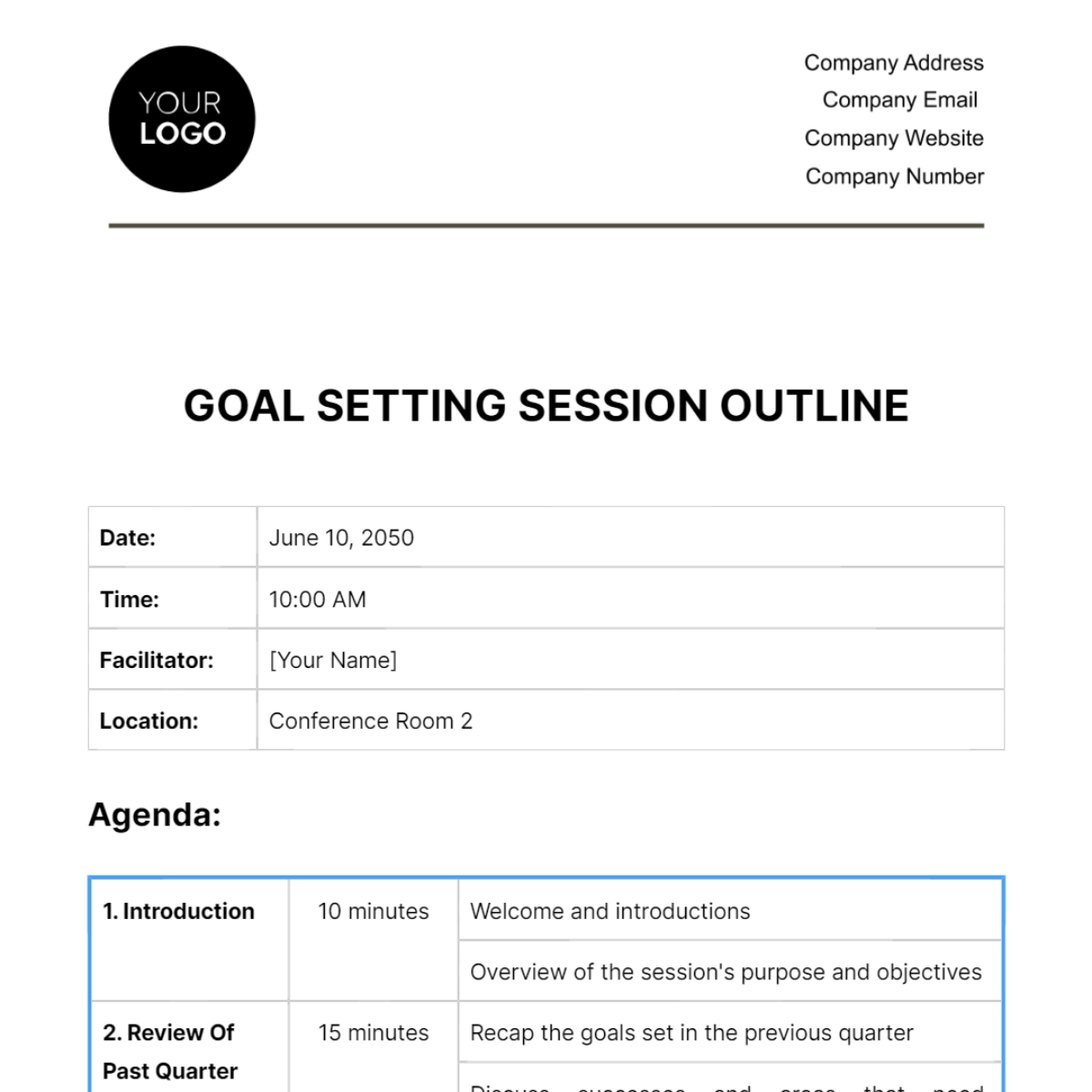 Goal Setting Session Outline HR Template