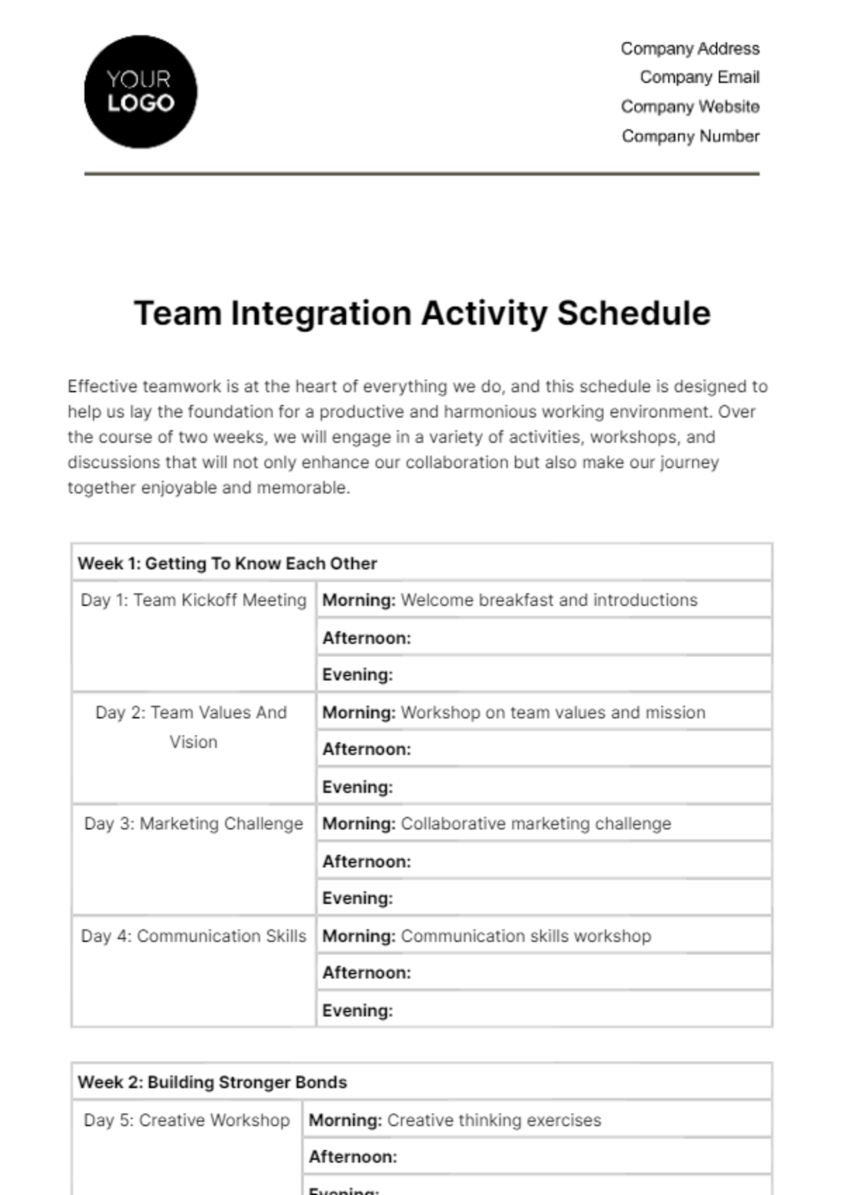Team Integration Activity Schedule HR Template