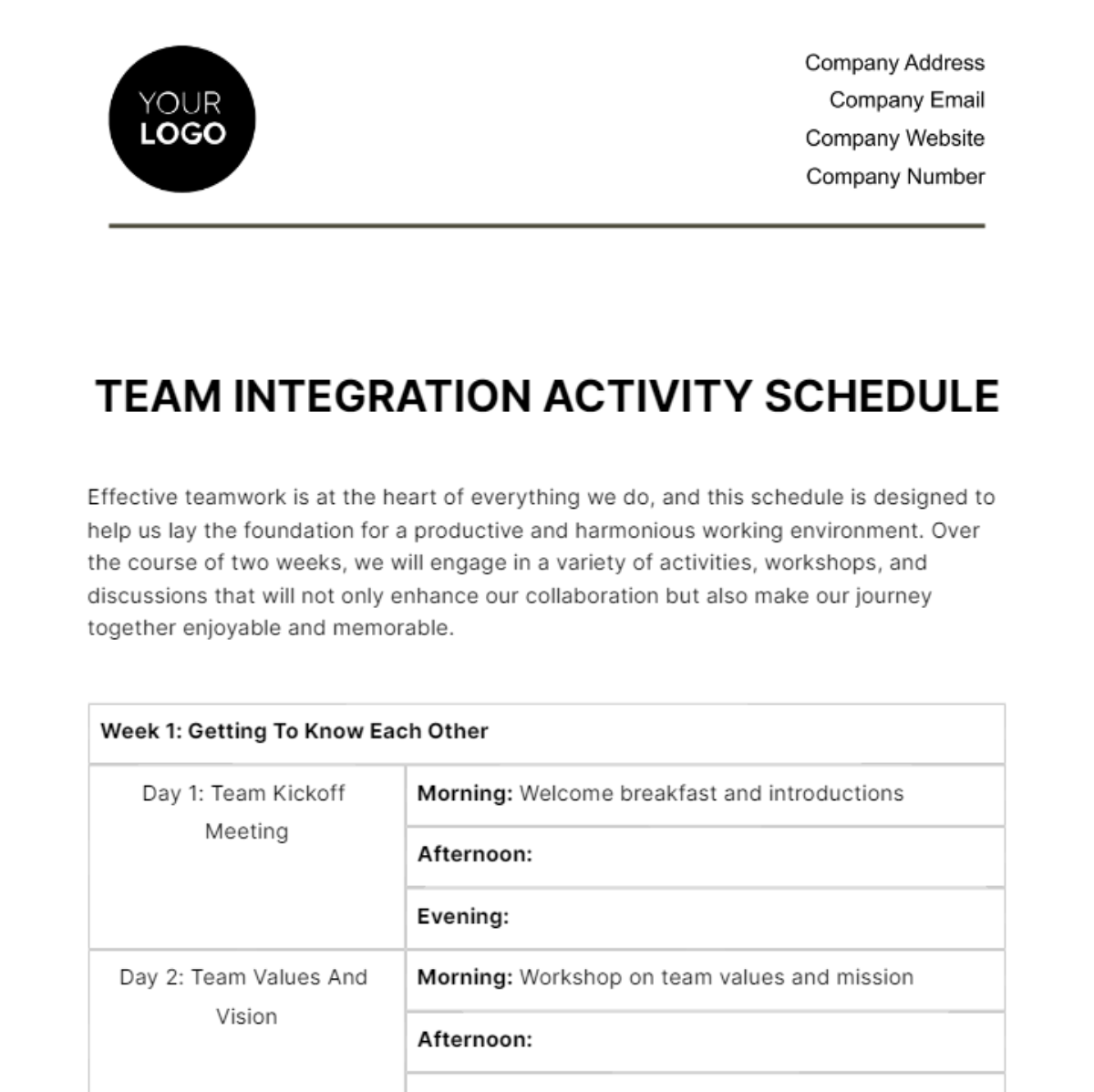 Team Integration Activity Schedule HR Template - Edit Online & Download