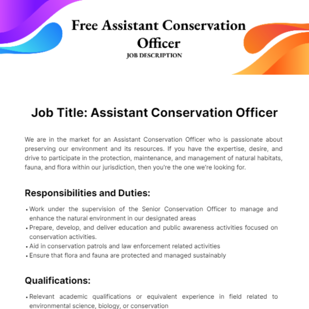 Assistant Conservation Officer Job Description Template