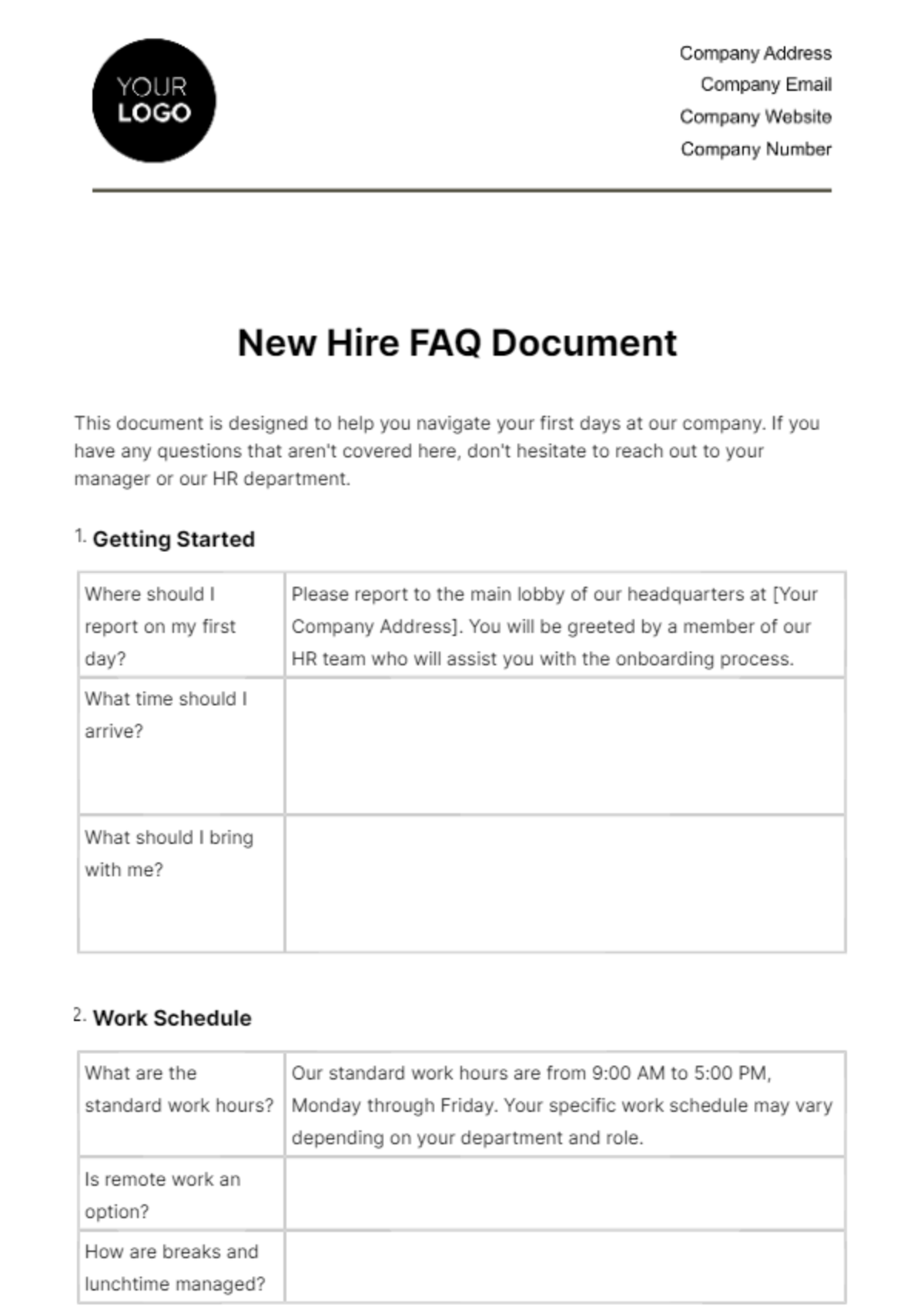 New Hire FAQ Document HR Template