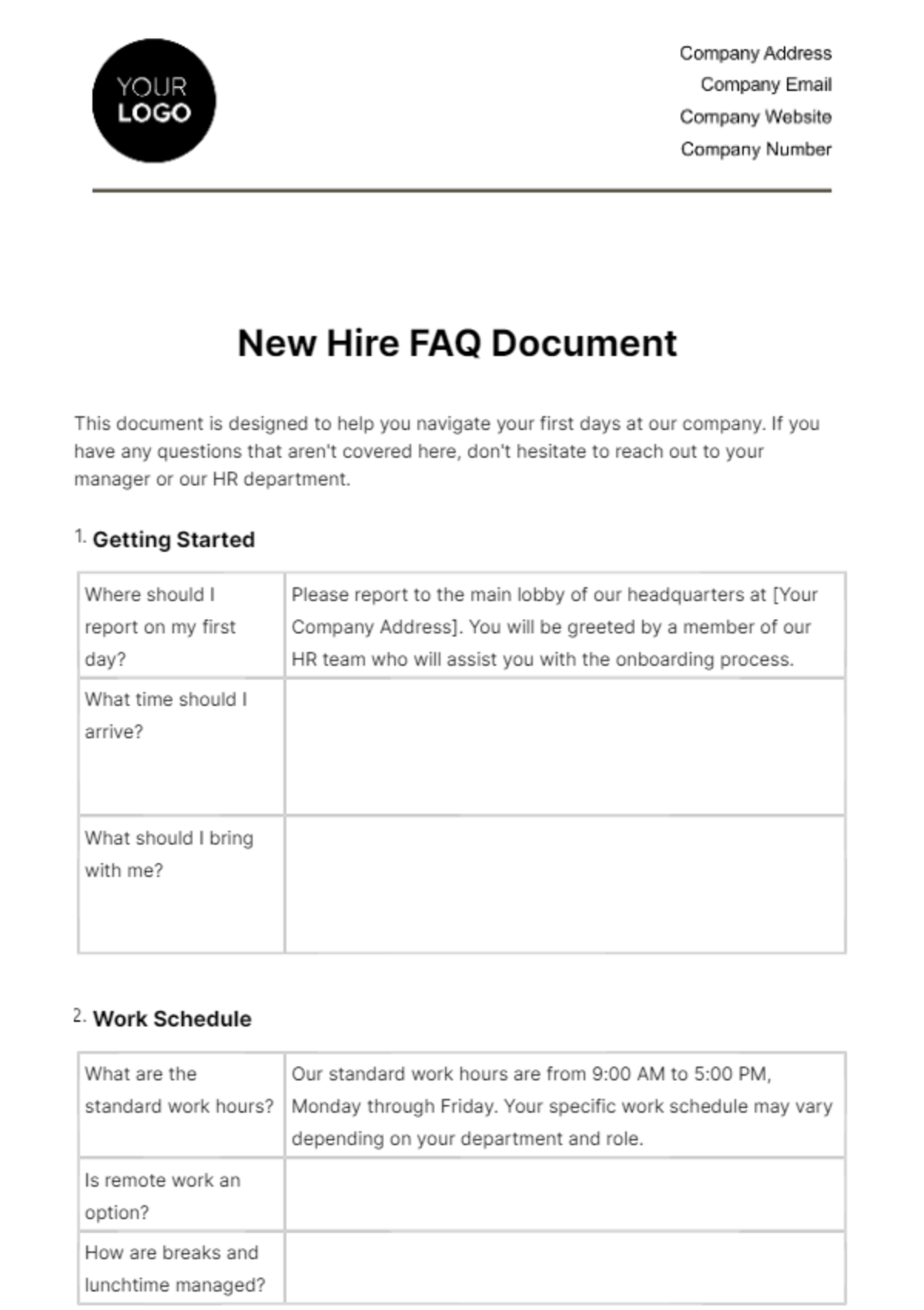 New Hire FAQ Document HR Template - Edit Online & Download