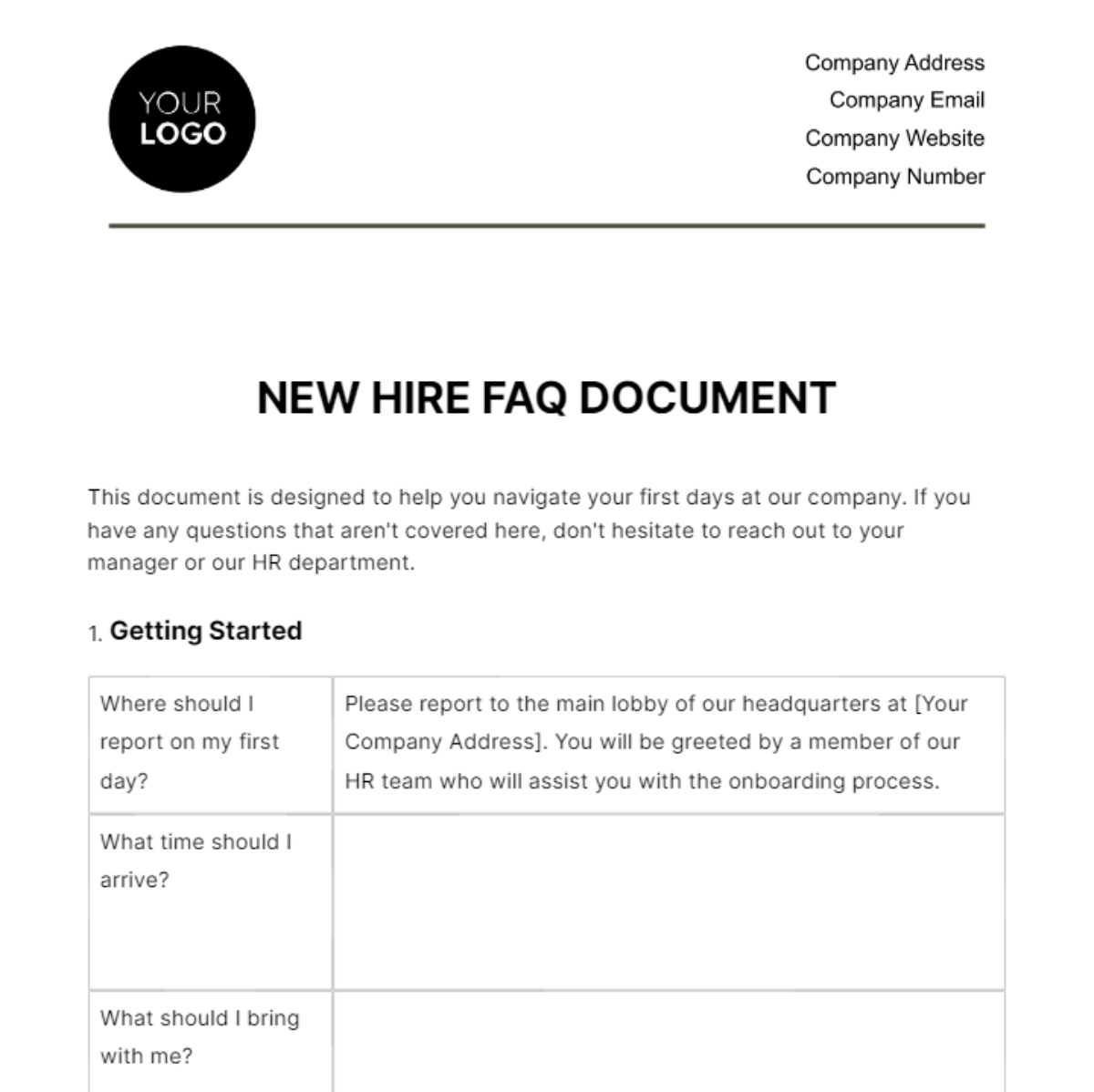 New Hire FAQ Document HR Template - Edit Online & Download