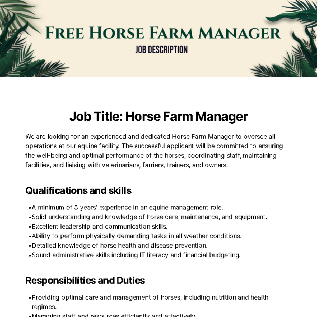 Free Horse Farm Manager Job Description Template