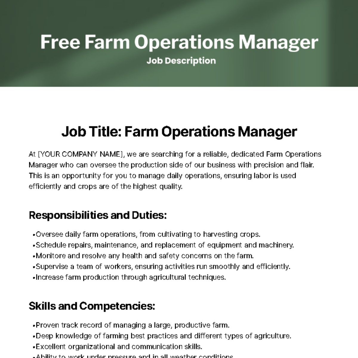 Free Farm Operations Manager Job Description Template