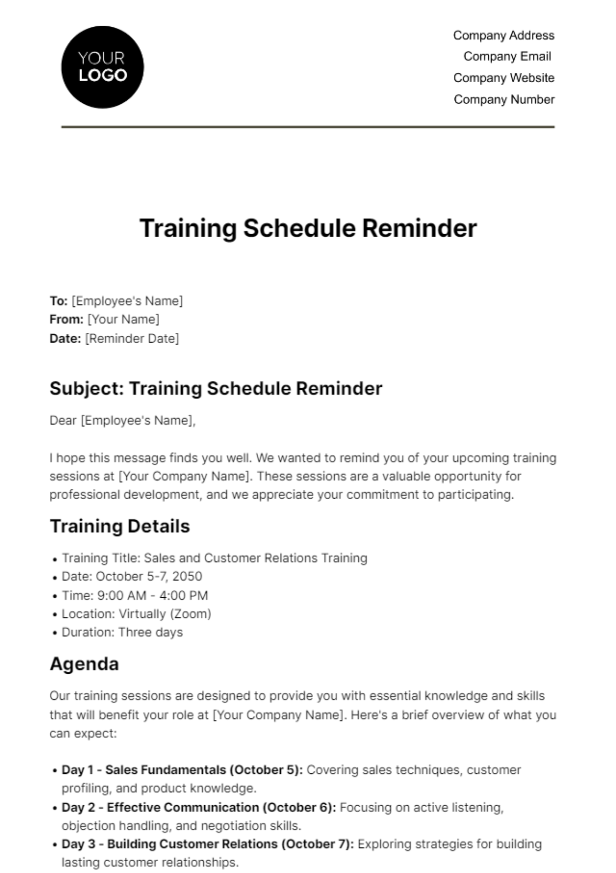 Training Schedule Reminder HR Template
