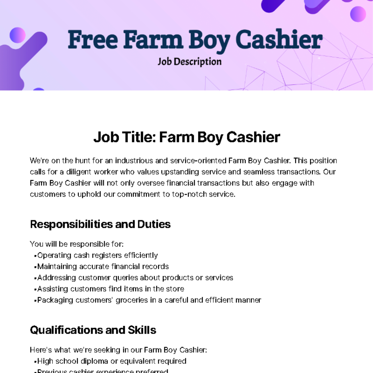 Farm Boy Cashier Job Description Template
