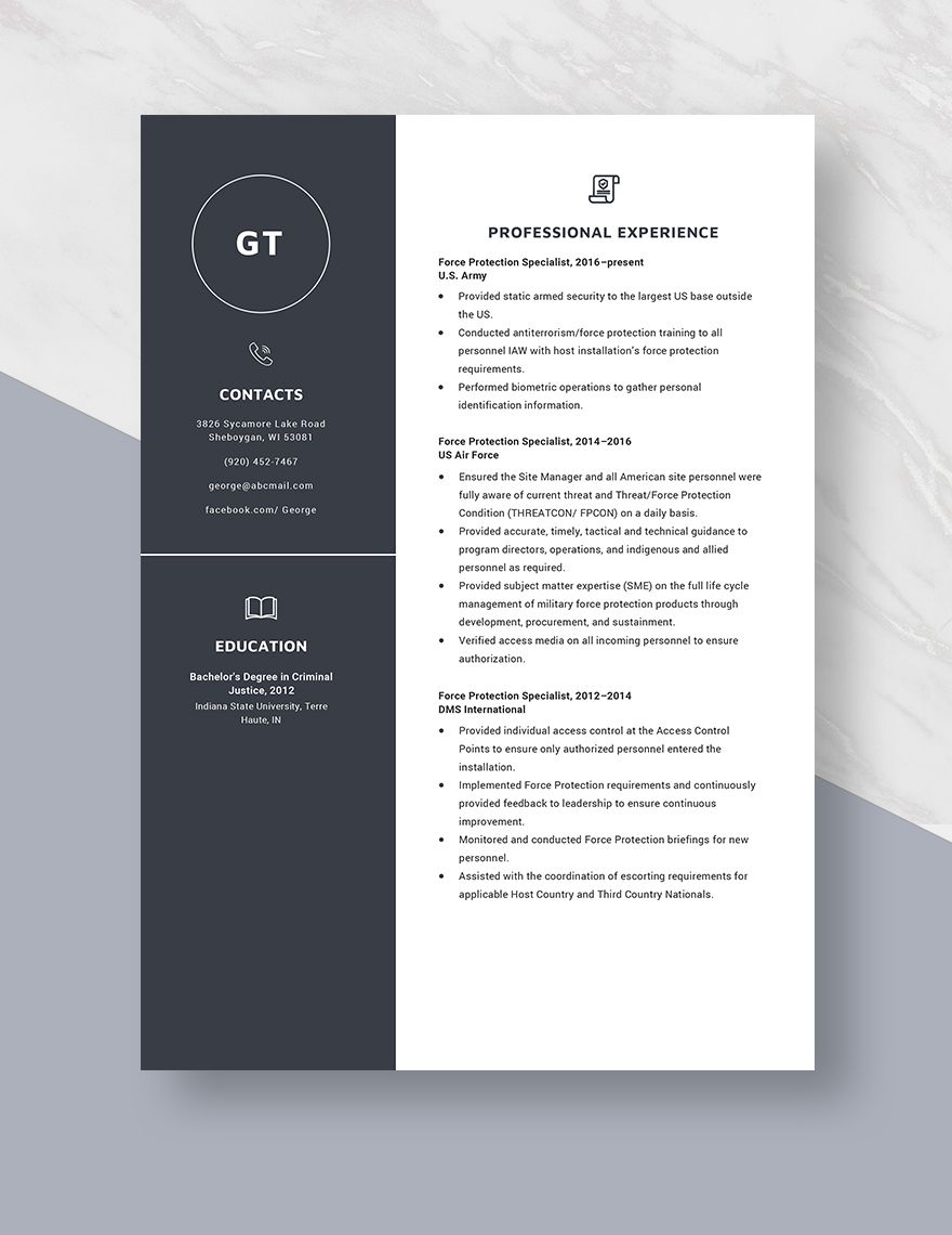 Force Protection Specialist Resume