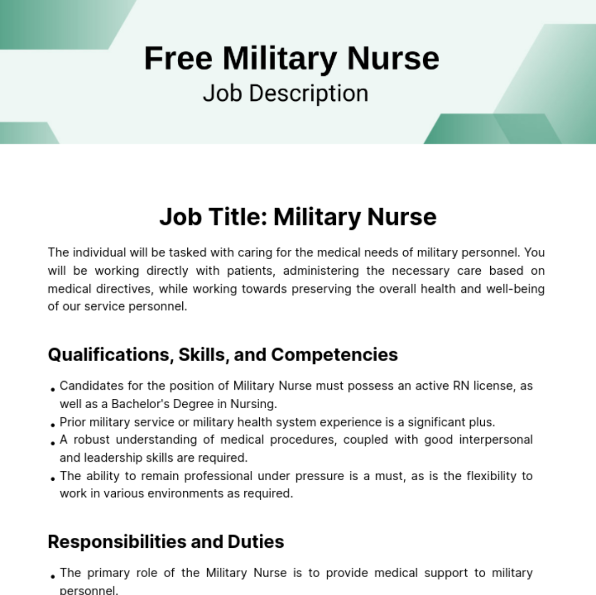Military Nurse Job Description Template