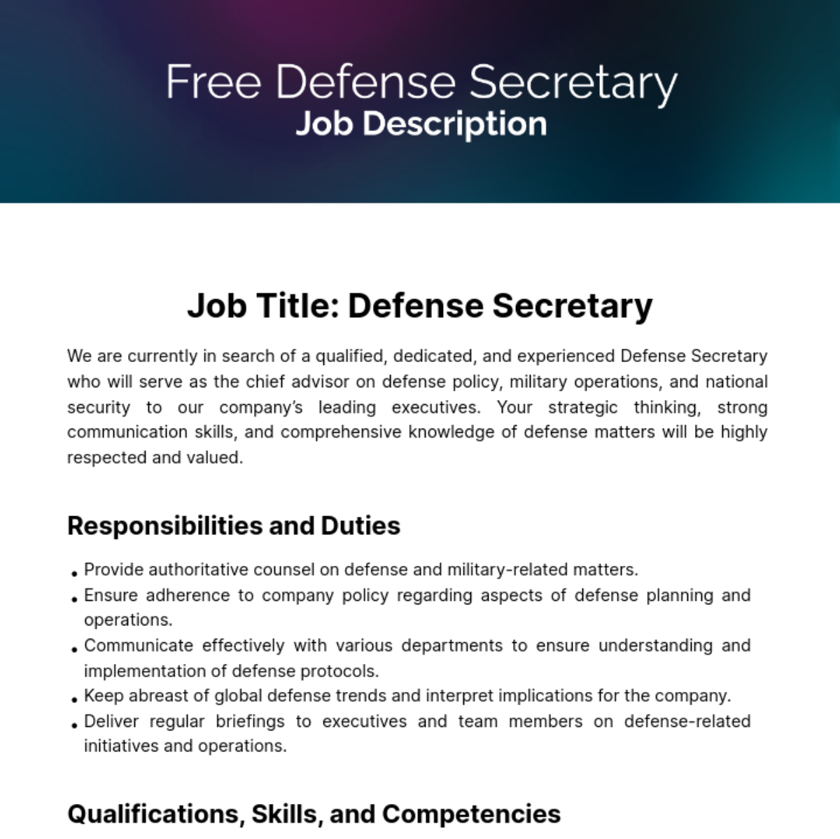 Defense Secretary Job Description Template