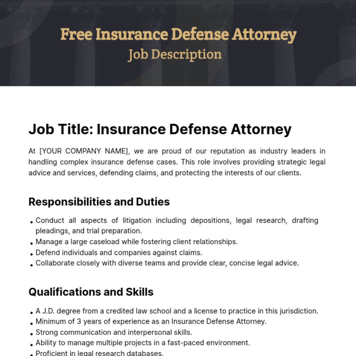 Free Insurance Defense Attorney Job Description Template