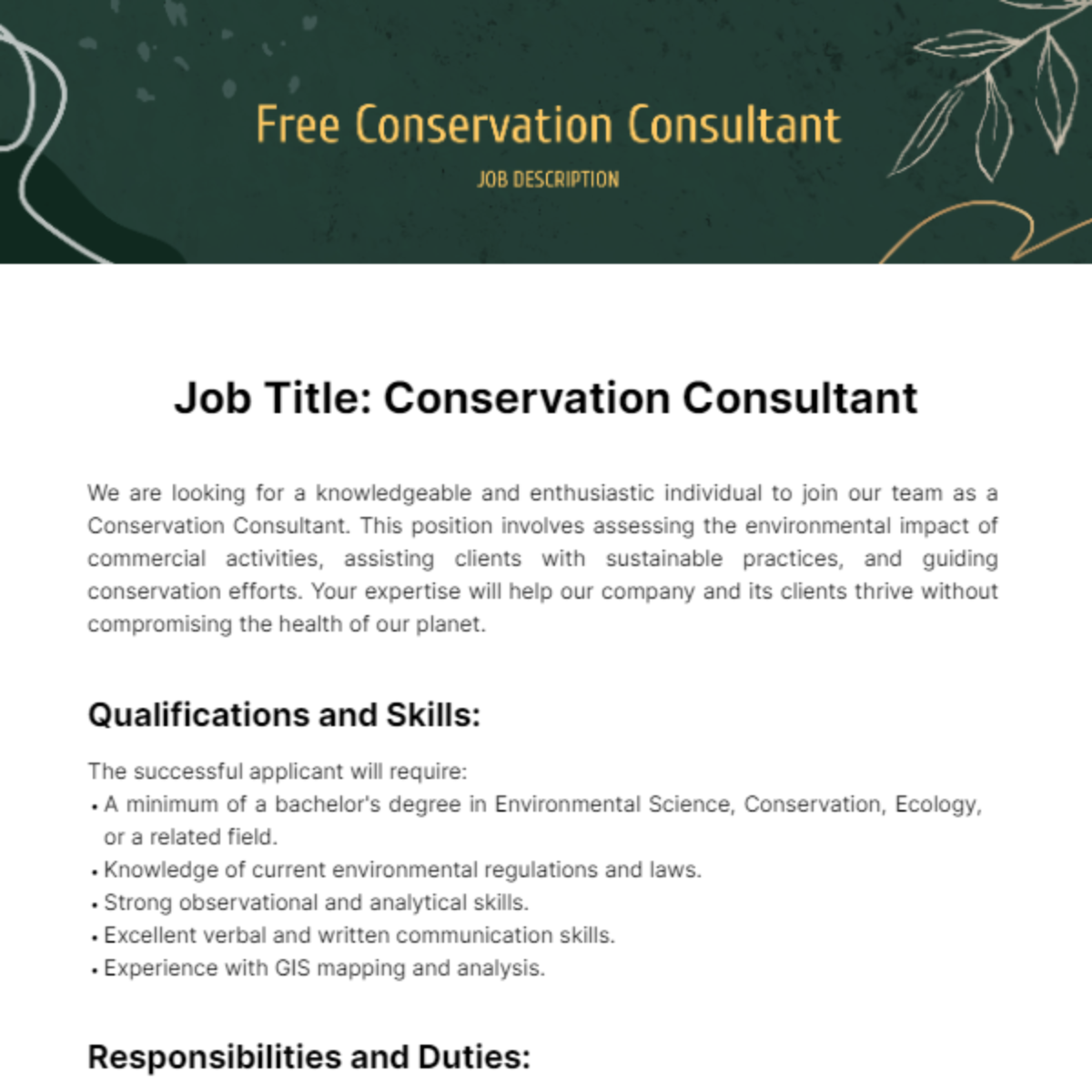 Free Conservation Consultant Job Description Template