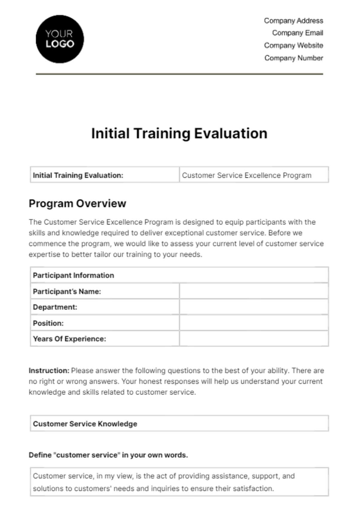 Free Initial Training Evaluation HR Template