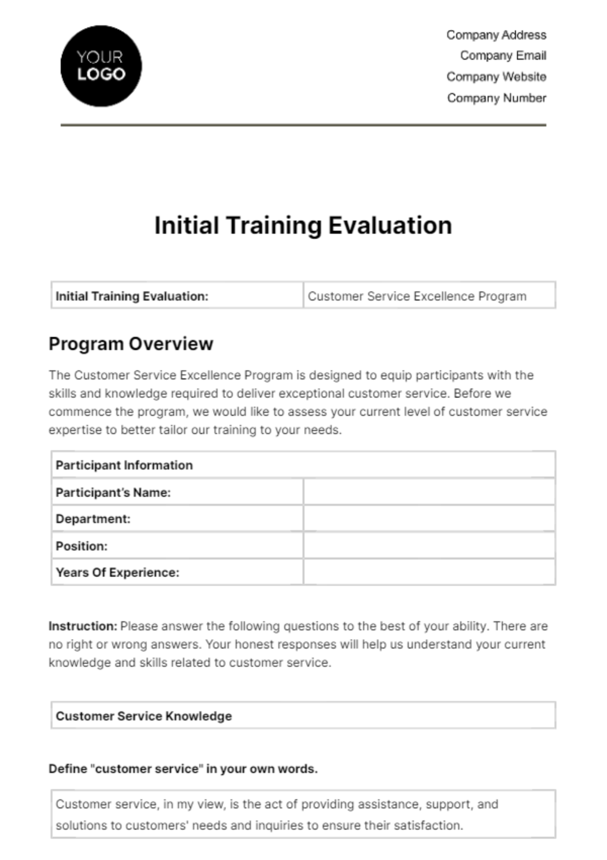 Initial Training Evaluation HR Template - Edit Online & Download