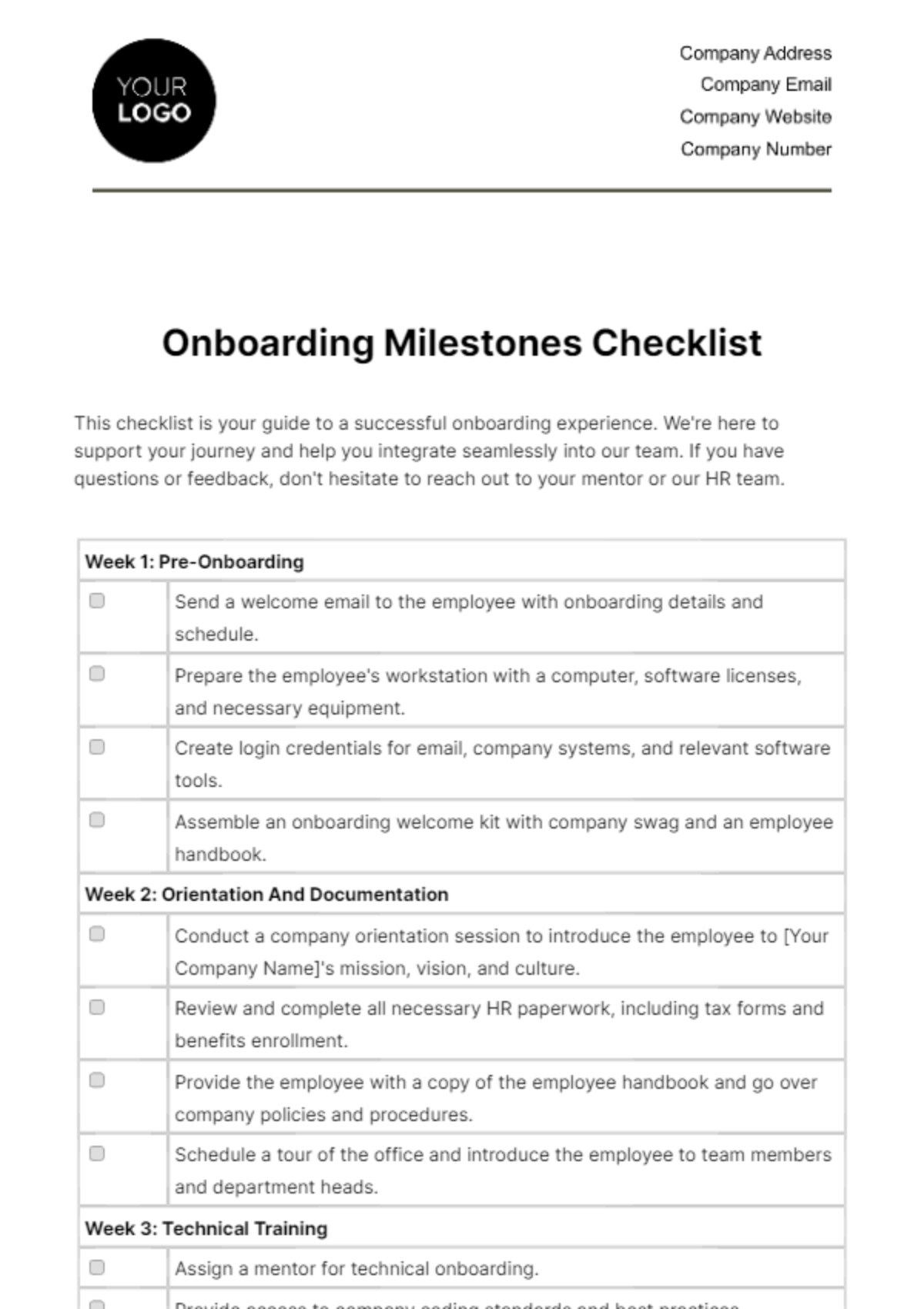 Free Onboarding Milestones Checklist HR Template
