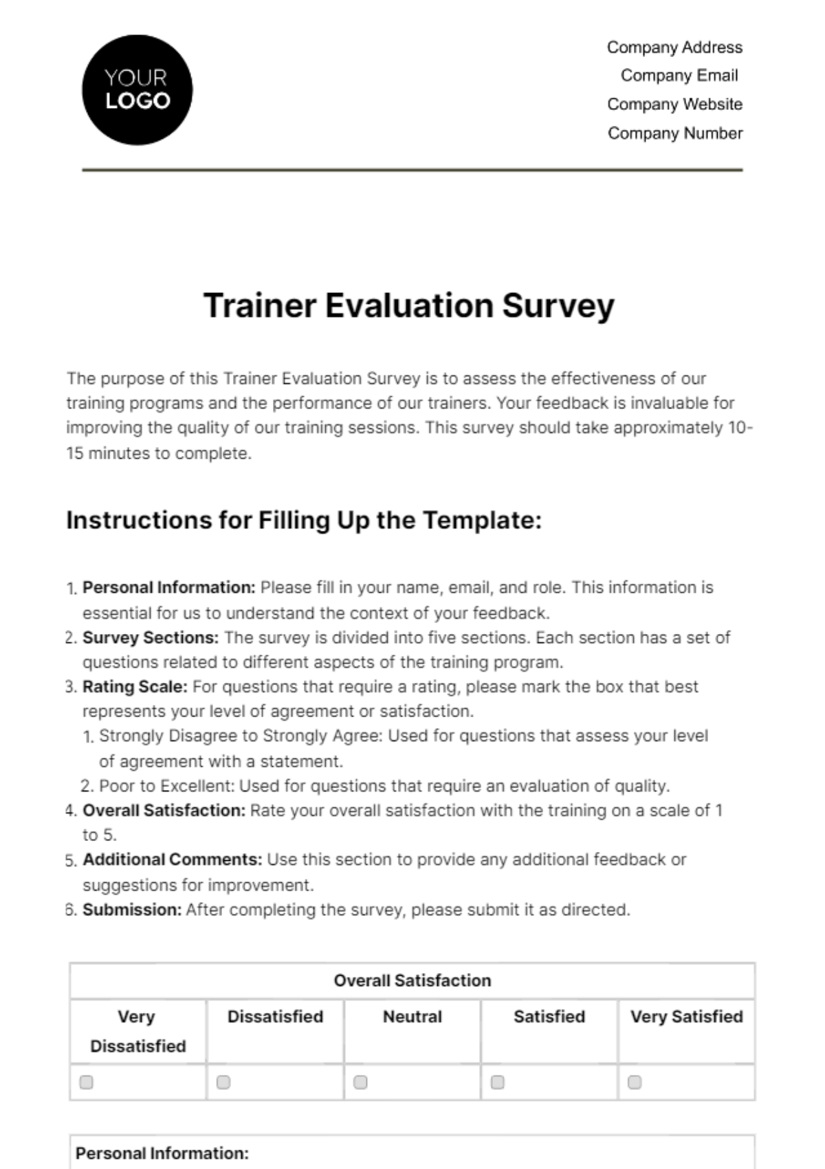 Free Trainer Evaluation Survey HR Template