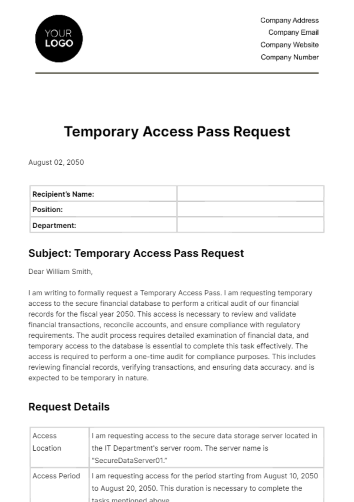 Free Temporary Access Pass Request HR Template