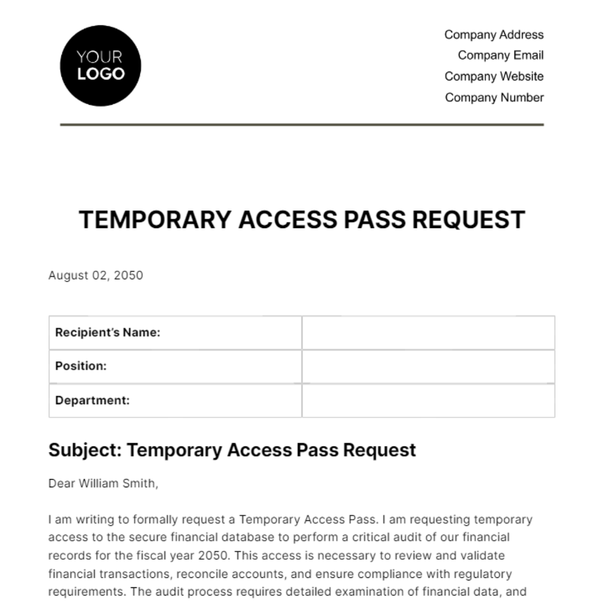 Temporary Access Pass Request HR Template