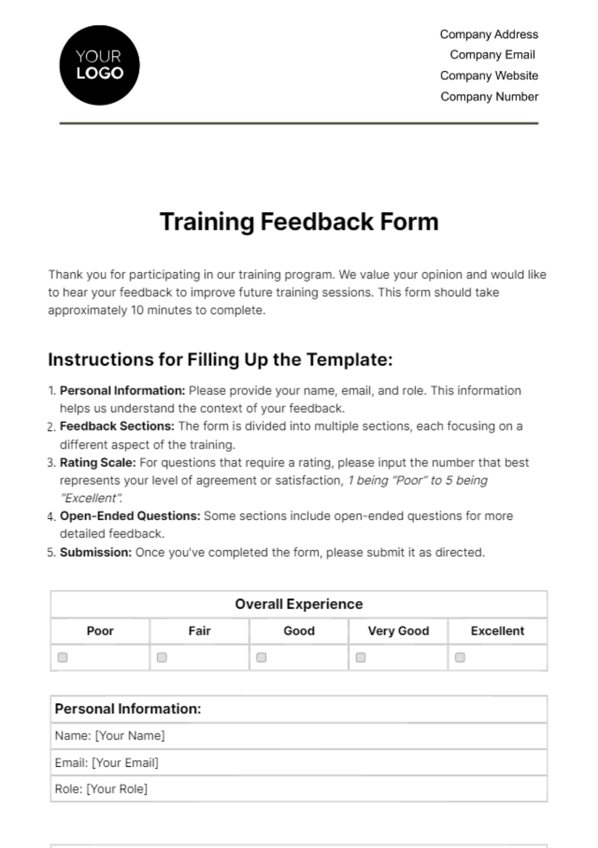 Free Training Feedback Form HR Template