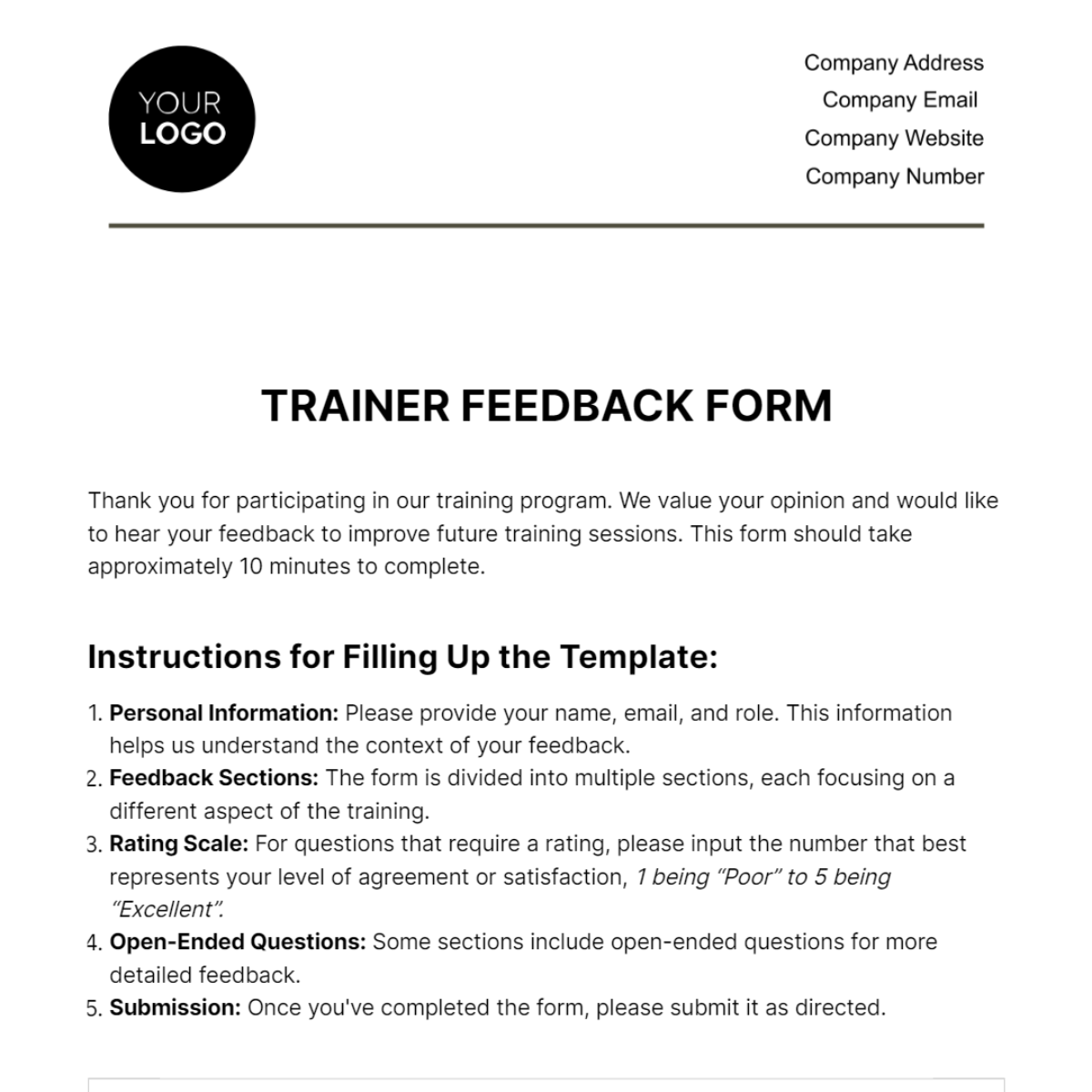 Training Feedback Form HR Template - Edit Online & Download