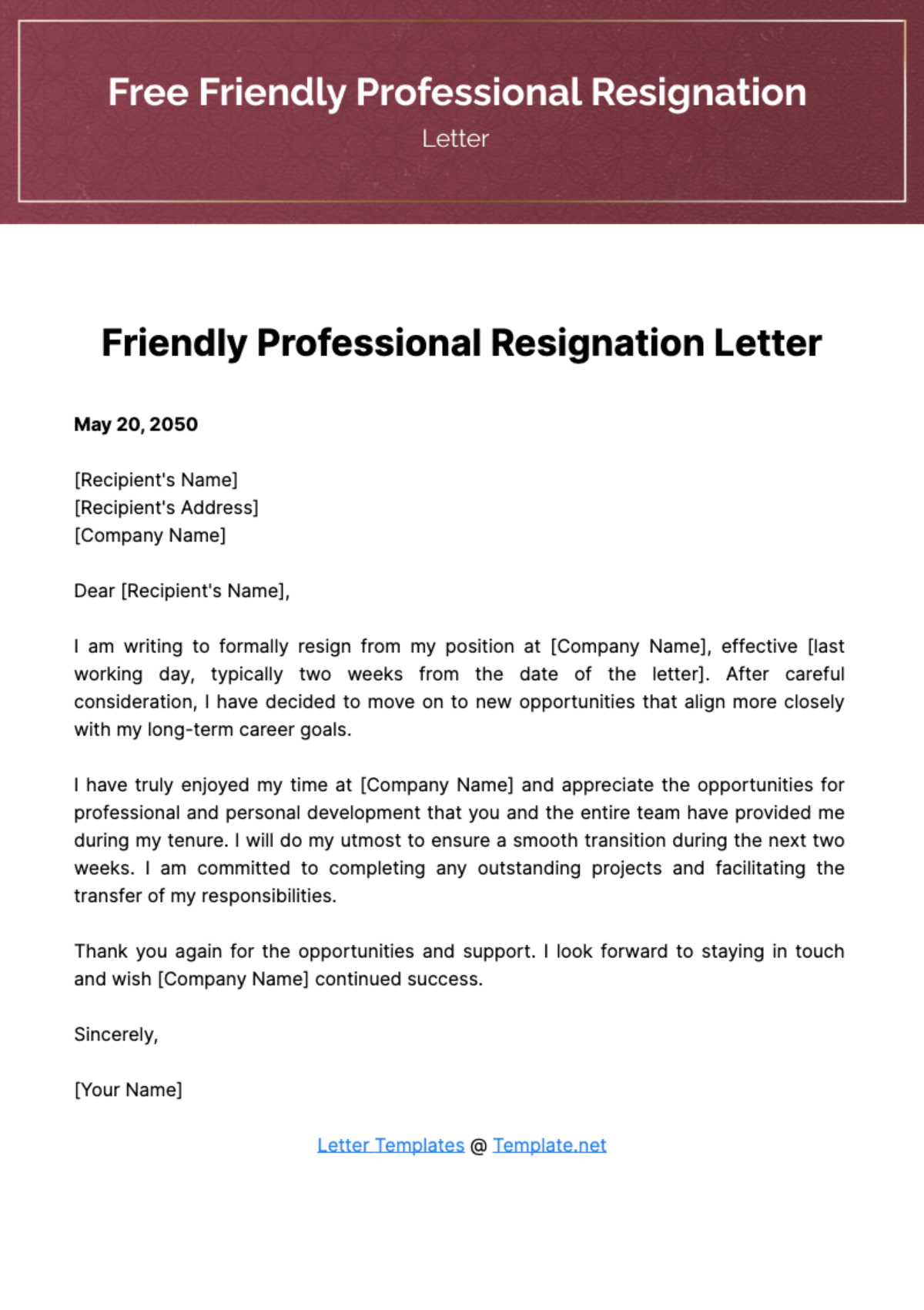 Free Friendly Professional Resignation Letter Template