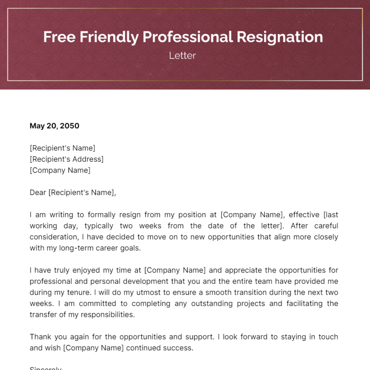 Friendly Professional Resignation Letter Template
