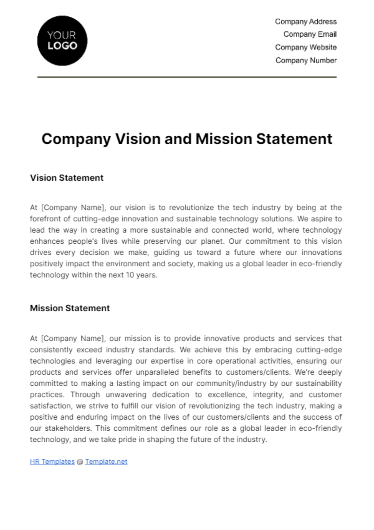 Company Vision and Mission Statement HR Template