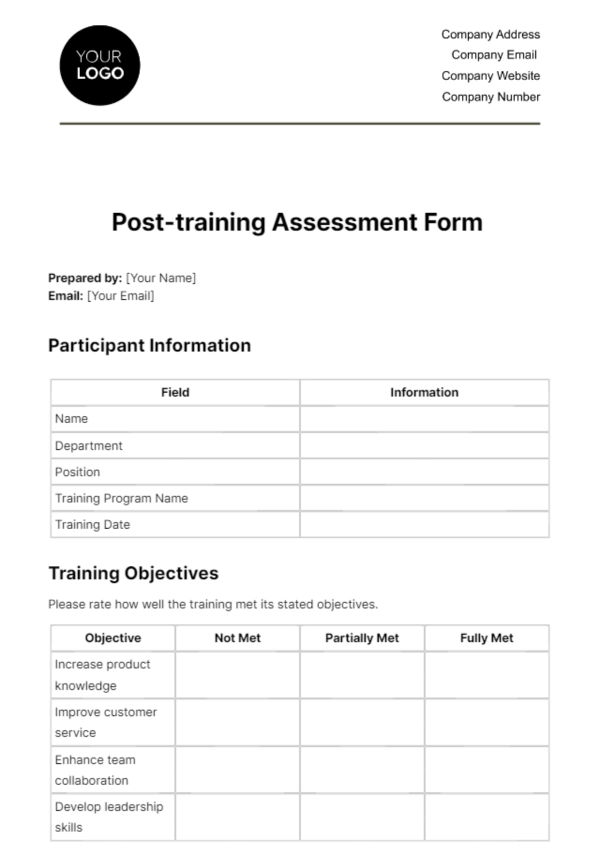 Post-training Assessment Form HR Template