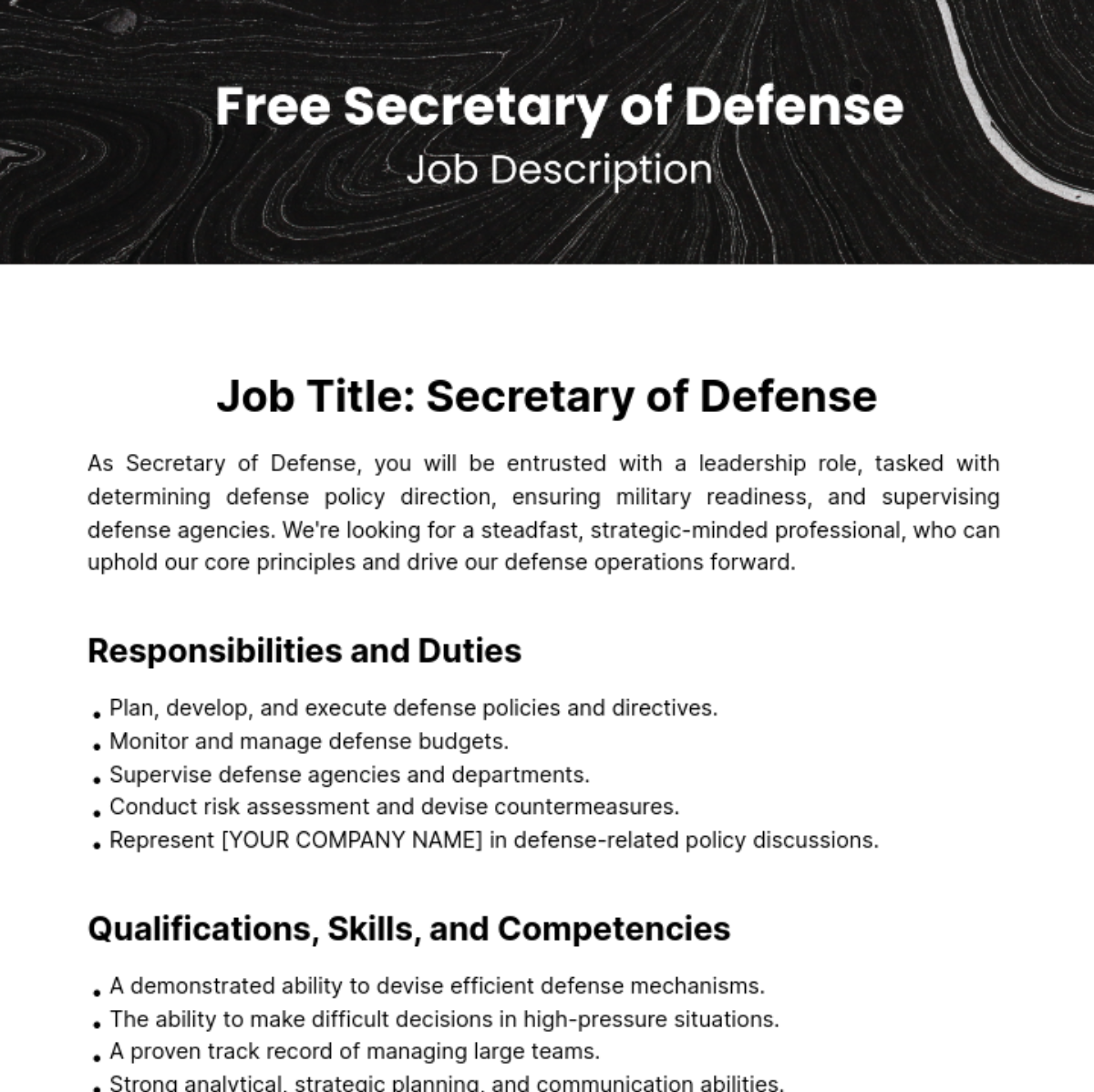 Secretary of Defense Job Description Template