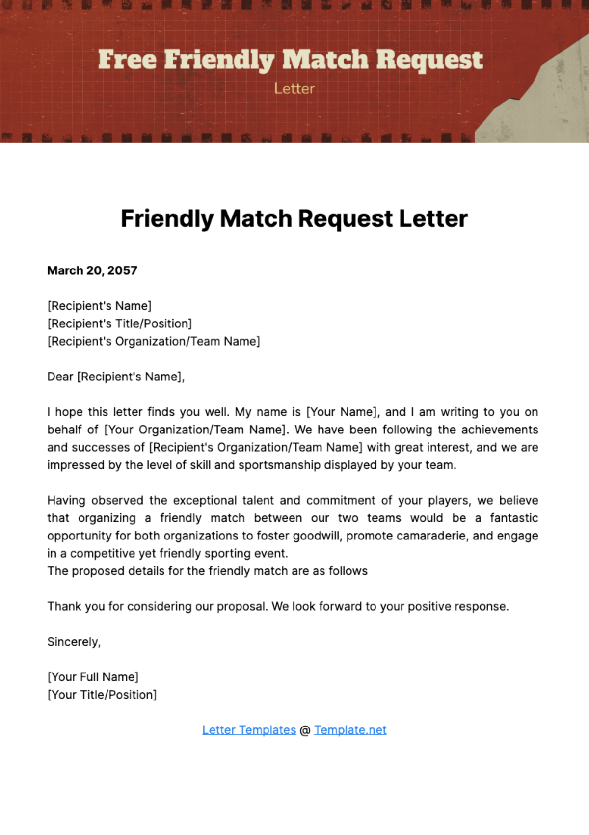 Free Friendly Match Request Letter Template