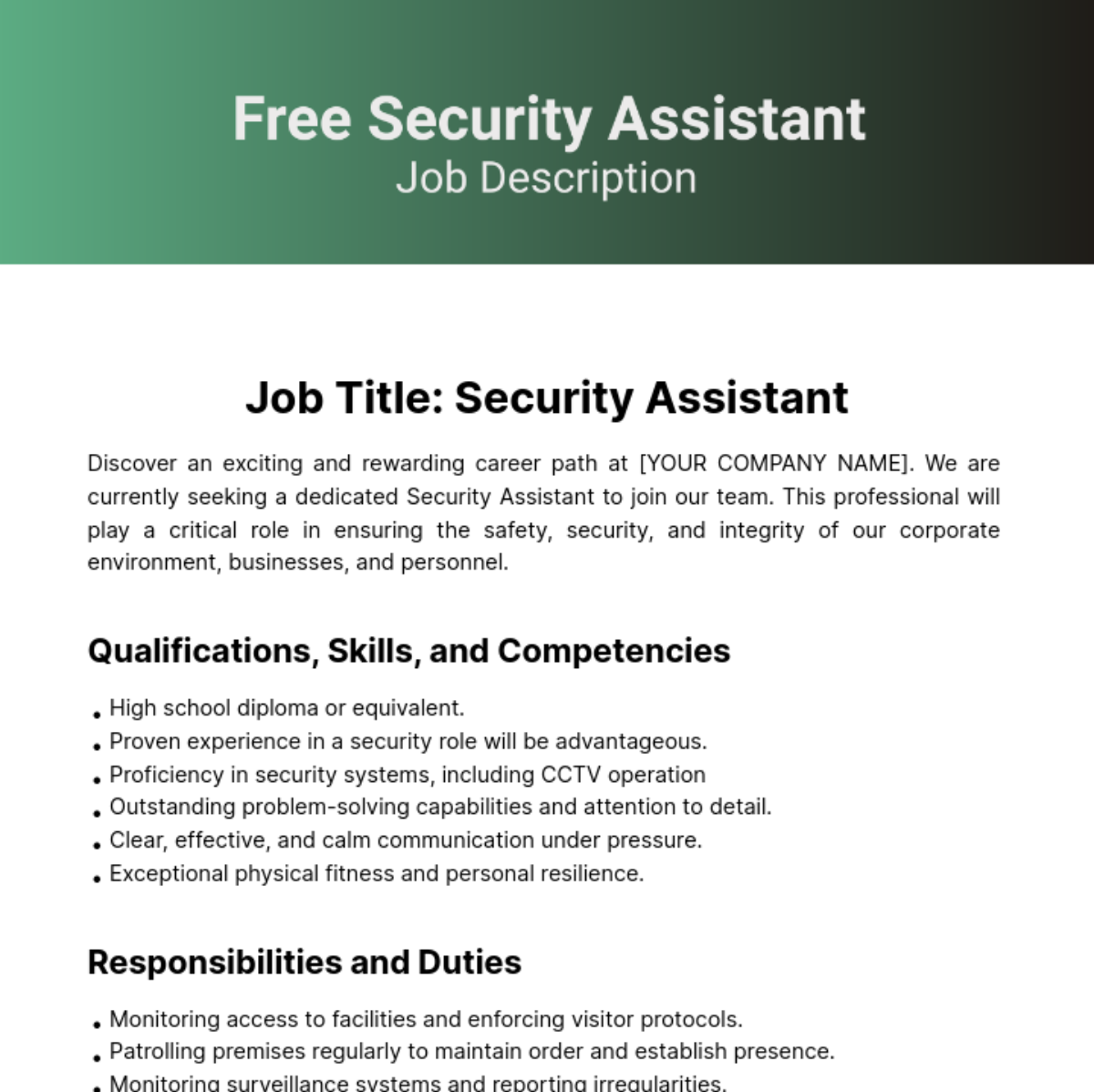 Security Assistant Job Description Template