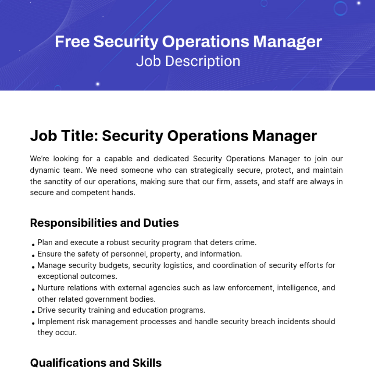 Free Security Operations Manager Job Description Template