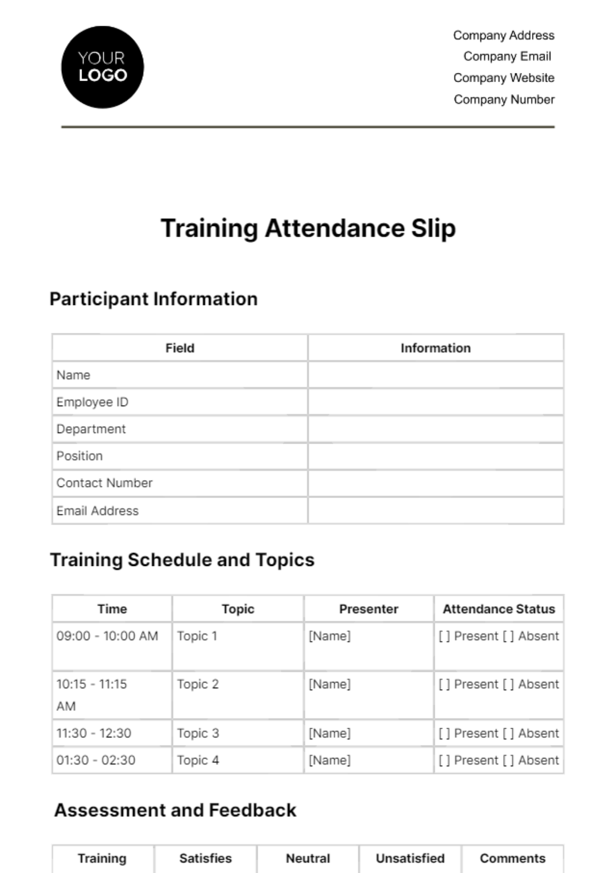 Training Attendance Slip HR Template