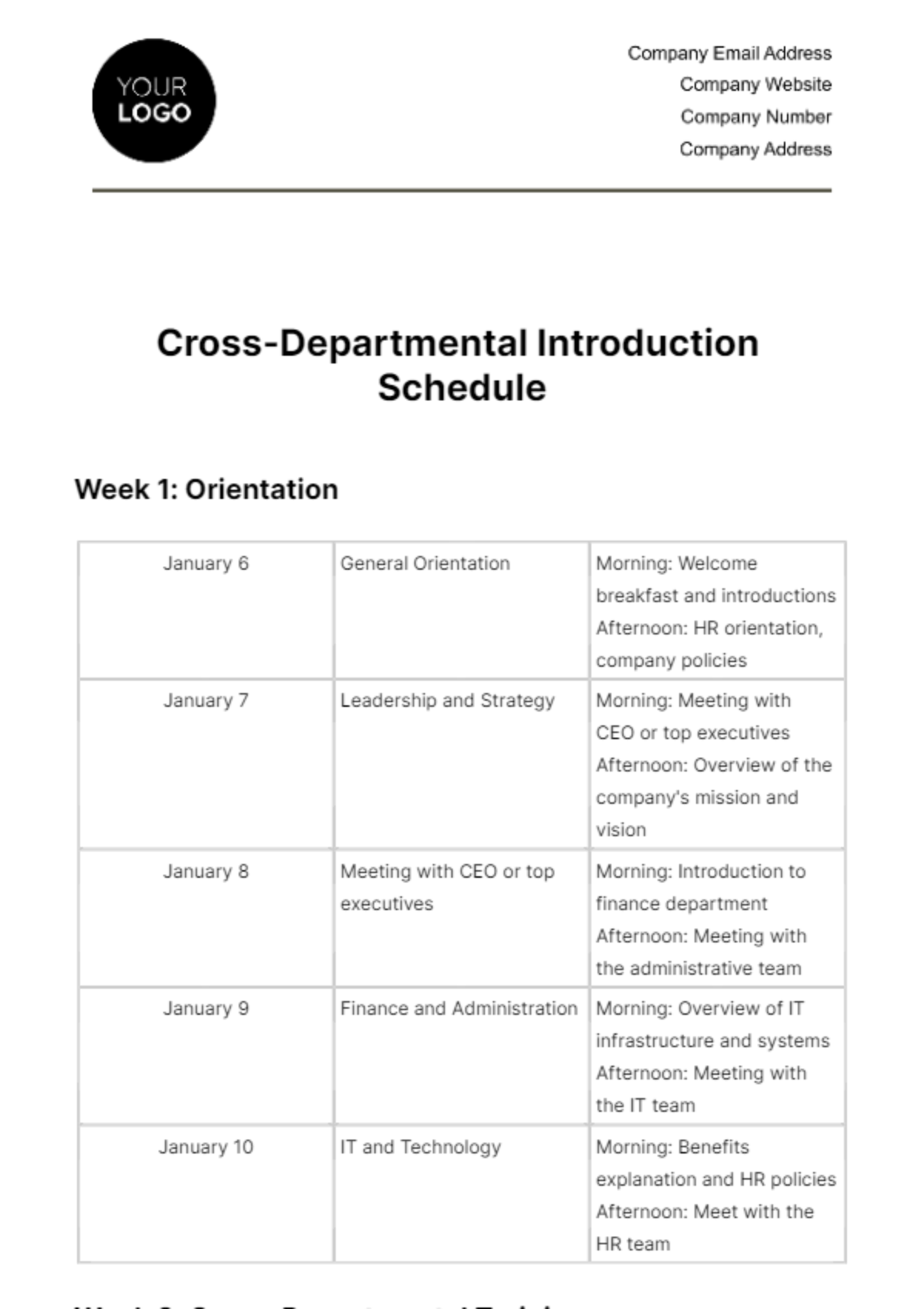 Cross-Departmental Introduction Schedule HR Template