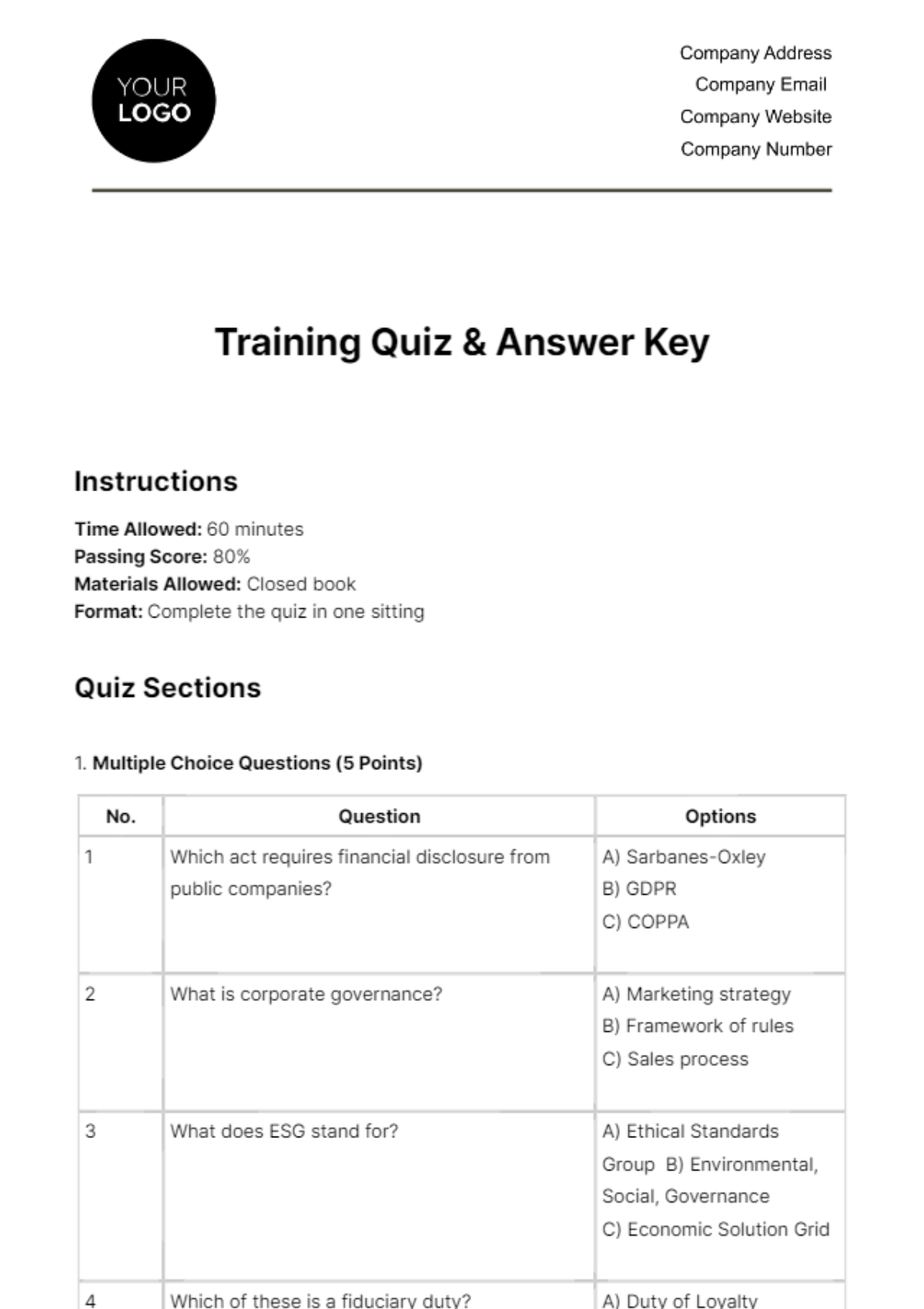 Free Training Quiz & Answer Key HR Template
