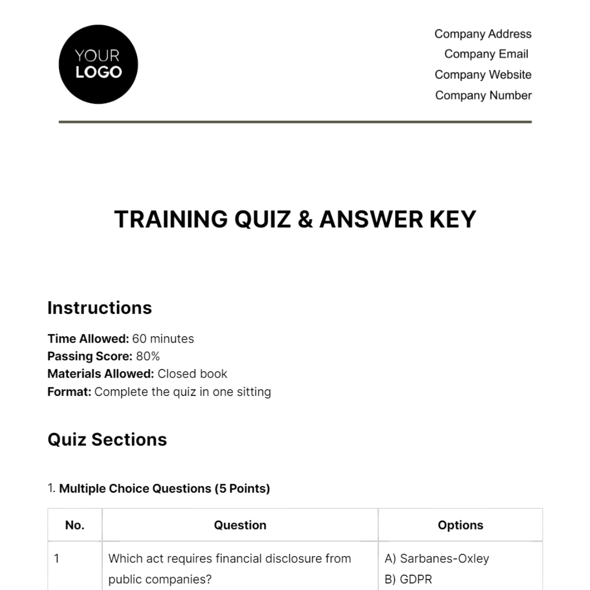 Training Quiz & Answer Key HR Template - Edit Online & Download