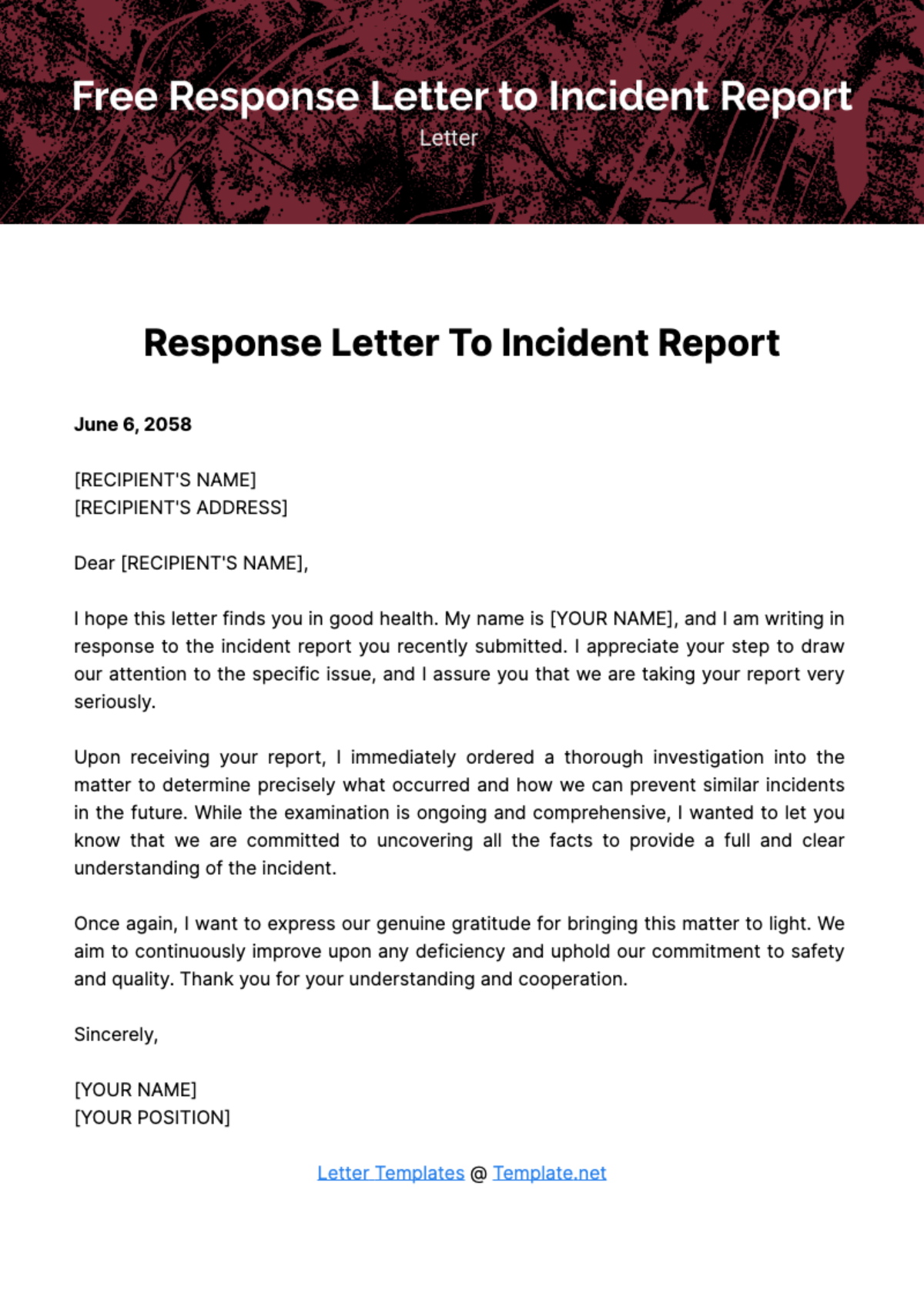 Response Letter to Incident Report Template
