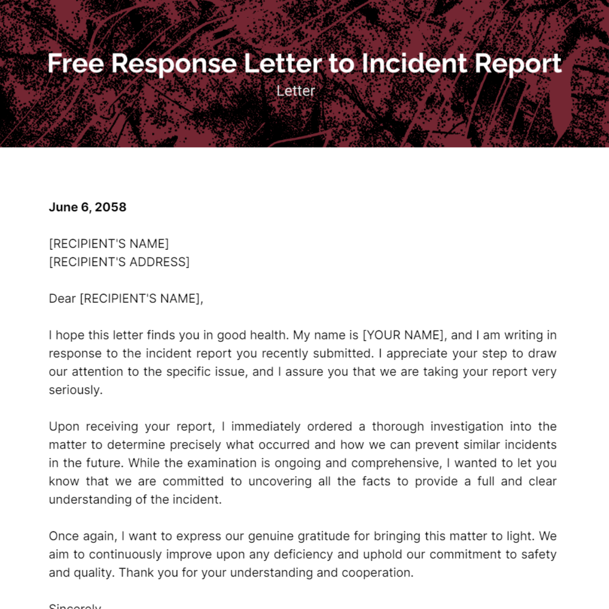 Free Response Letter to Incident Report