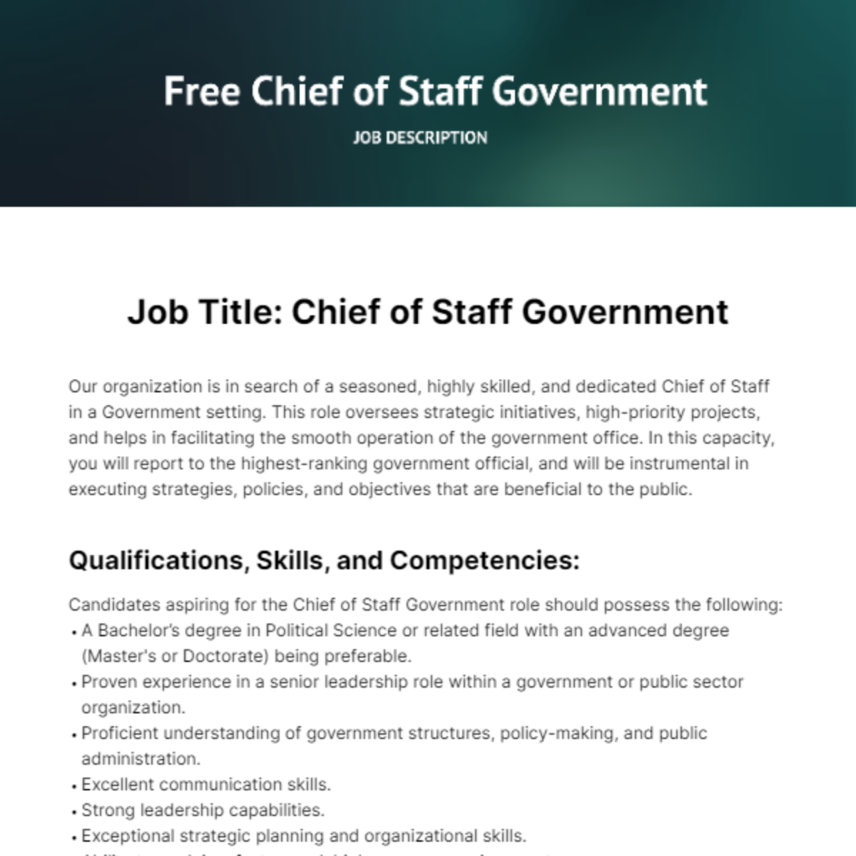 Free Chief of Staff Government Job Description Template