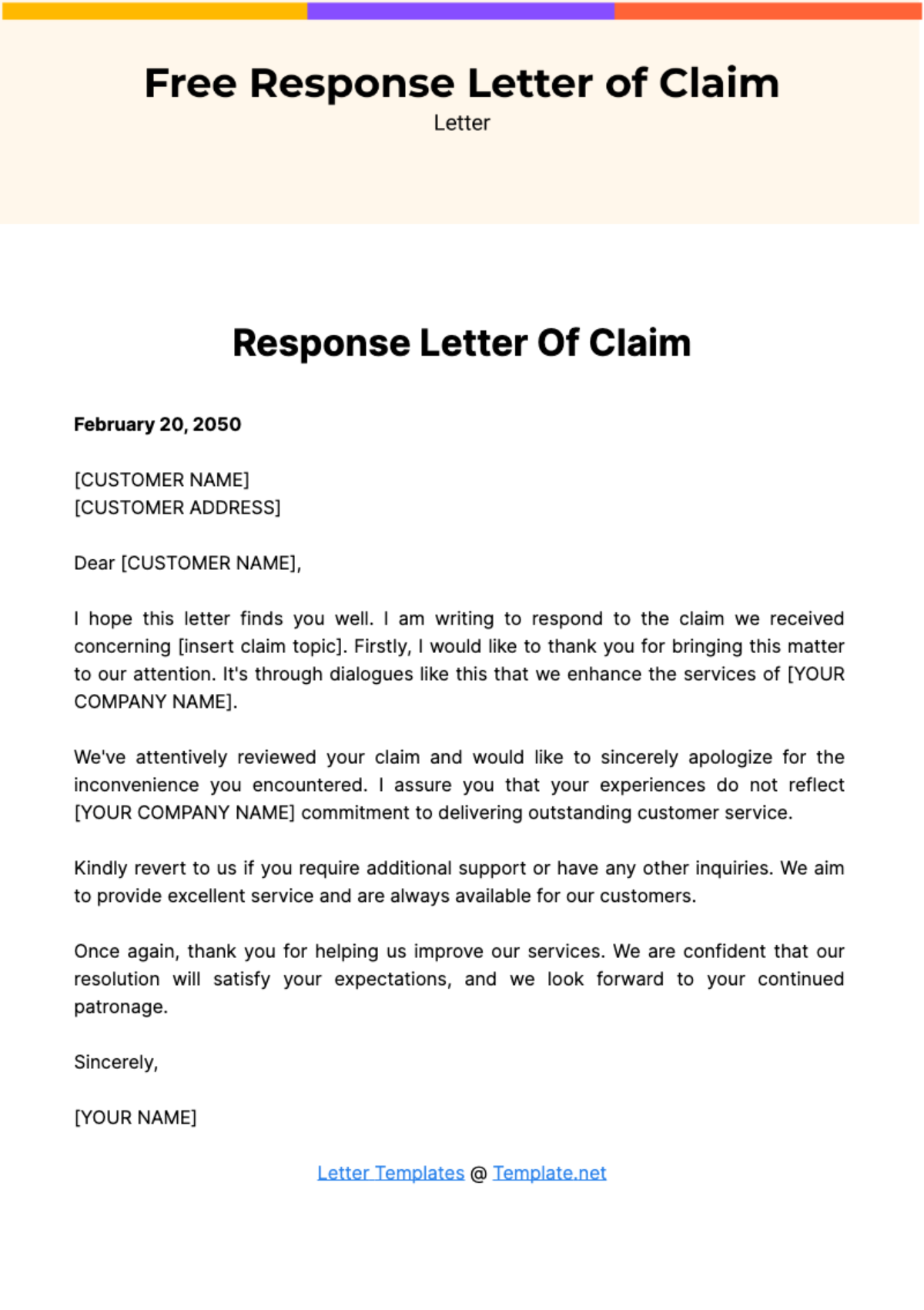 Free Response Letter of Claim Template
