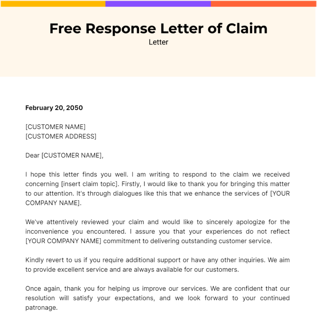 Free Response Letter of Claim