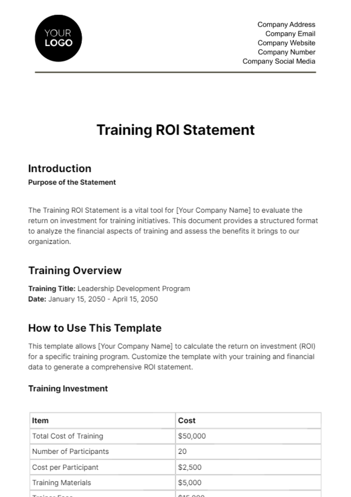 Training ROI Statement HR Template