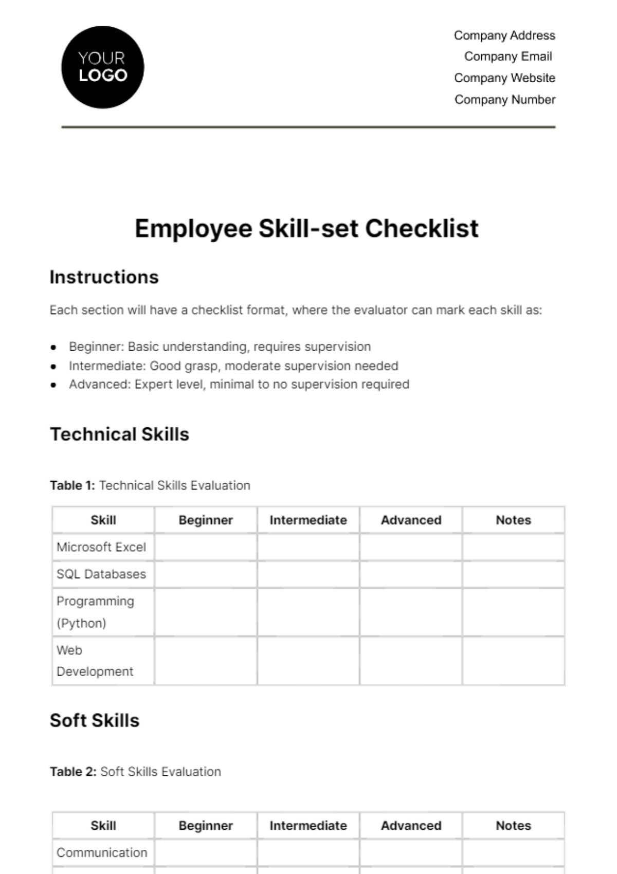 Free Employee Skill-set Checklist HR Template