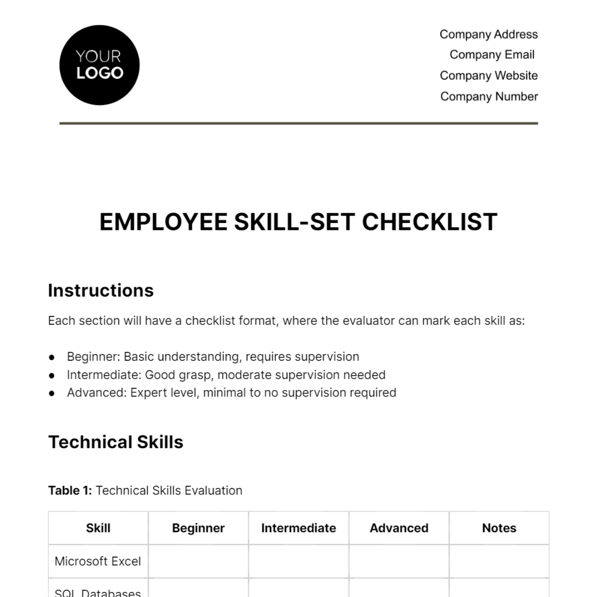 Employee Skill-set Checklist HR Template - Edit Online & Download