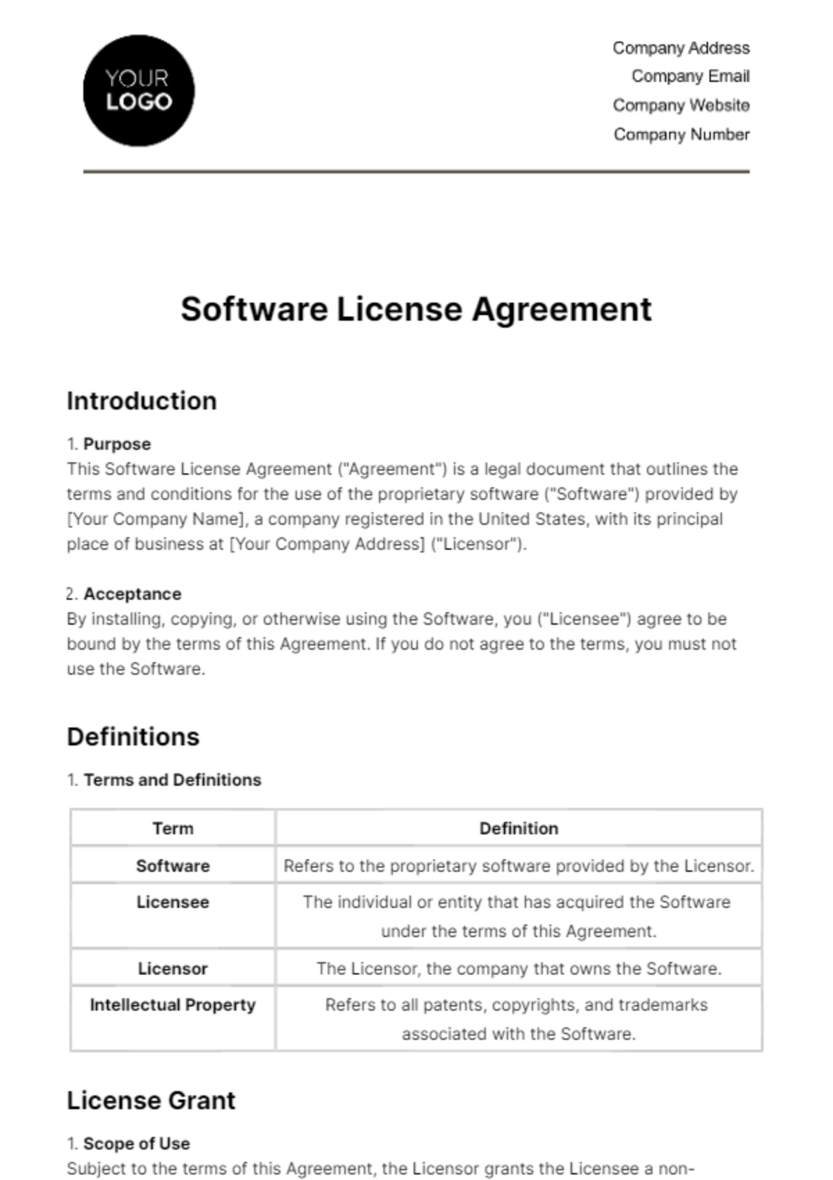 Free Software License Agreement HR Template