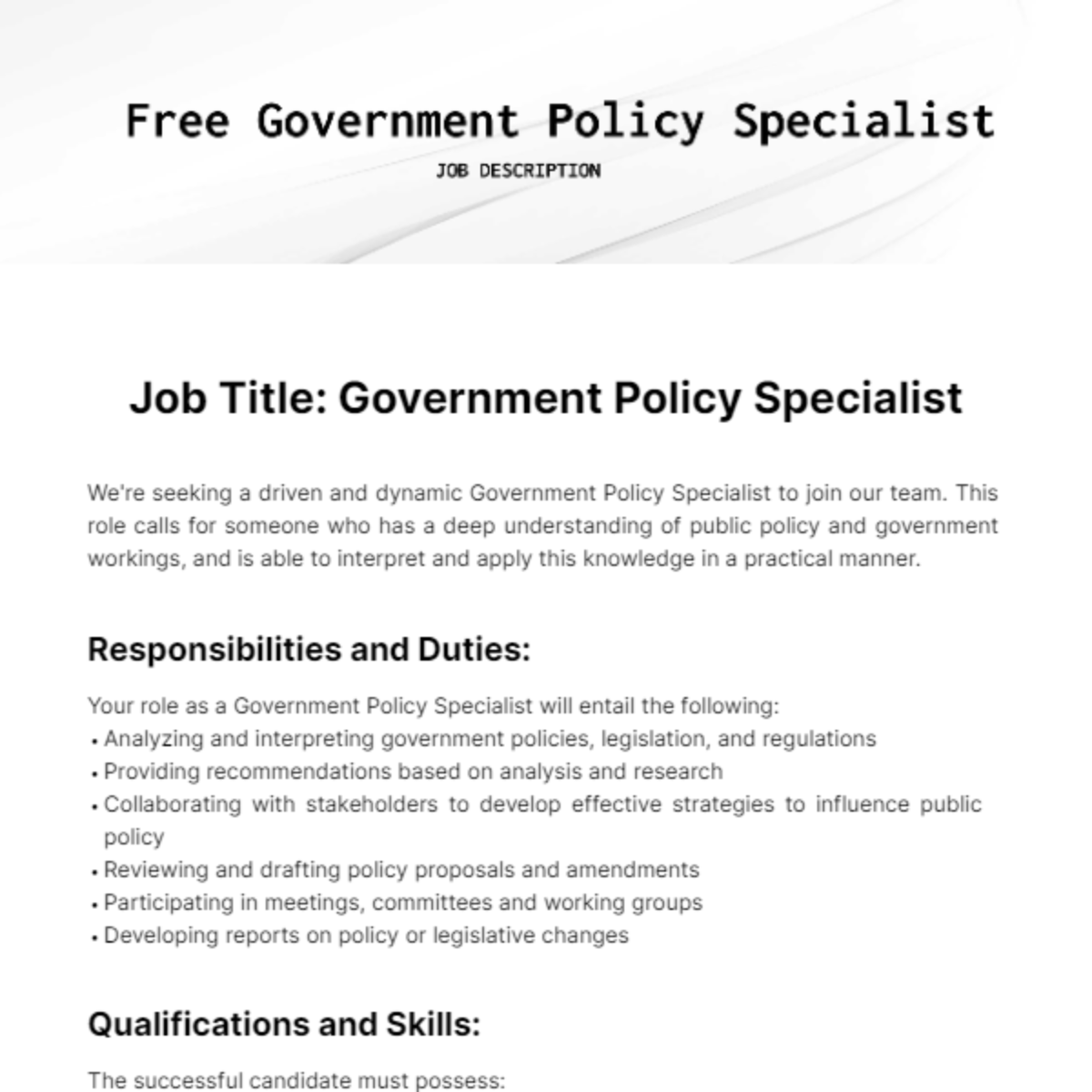 Free Government Policy Specialist Job Description Template