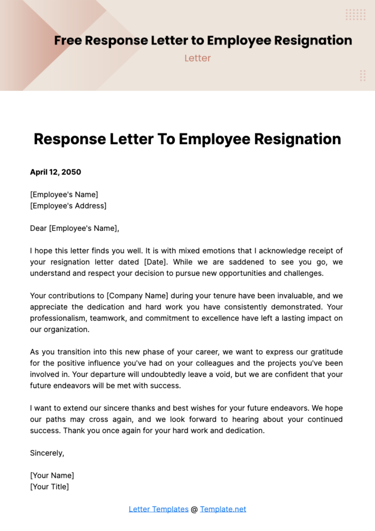 Free Response Letter to Employee Resignation Template