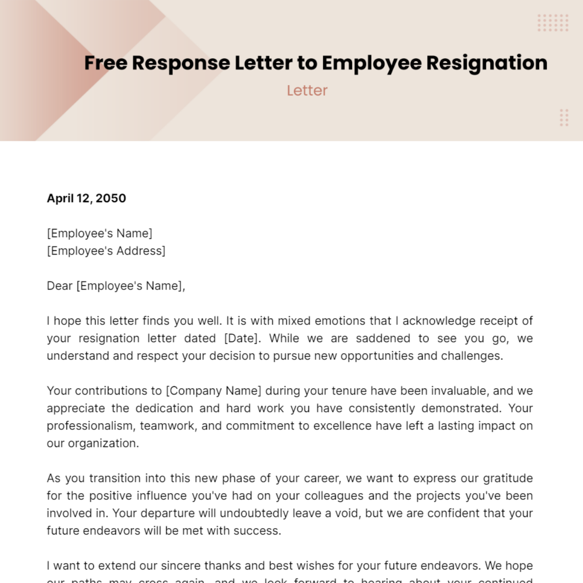 Free Response Letter to Employee Resignation